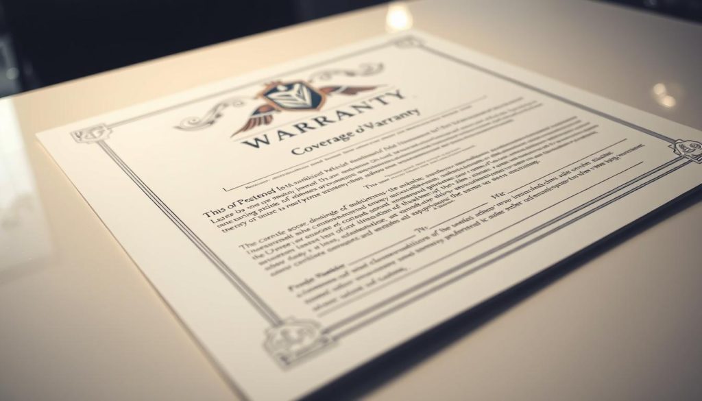 A close-up view of a vehicle warranty certificate or document, placed on a clean, white table surface. The certificate is printed on high-quality paper with a distinctive logo, intricate patterns, and clear legal text detailing the coverage and terms of the warranty. The lighting is soft and even, creating a professional, authoritative atmosphere. The camera angle is slightly elevated, creating a sense of importance and attention to detail. The background is blurred, keeping the focus solely on the warranty certificate and its key details.