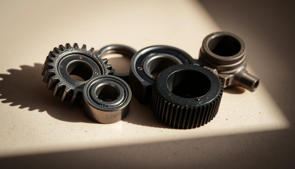 A high-quality, close-up photograph of several original John Deere replacement parts, including a gear, bearing, and hydraulic component, arranged on a clean, neutral-colored surface. The parts are well-lit from the side, casting dynamic shadows that highlight their intricate designs and textures. The focus is sharp, and the depth of field is shallow, drawing the viewer's attention to the details of the parts. The overall composition is visually striking and conveys a sense of precision, durability, and the high-quality craftsmanship associated with genuine John Deere components.